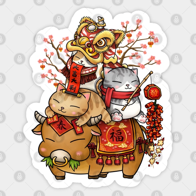 Chinese New Year Cats on Ox Sticker by Takeda_Art